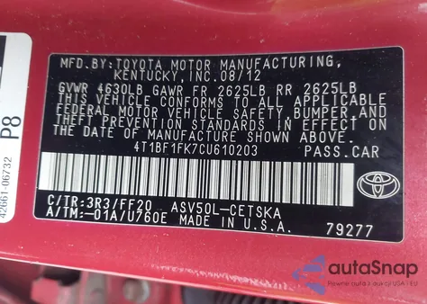 2012 Toyota Camry Se Limited Edition from USA, damaged, VIN 4T1BF1FK7CU610203